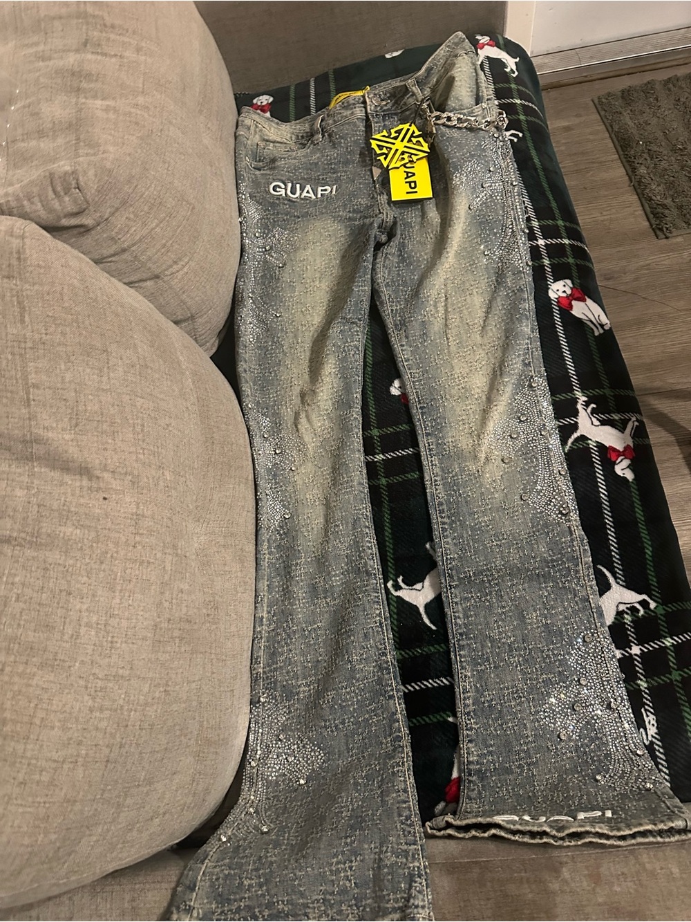 Women's Light Wash Rhinestone Flare Jeans with Chain Detail
